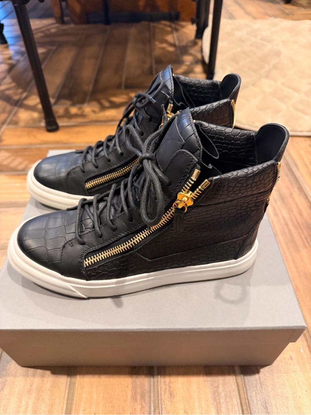 Giuseppe Zanotti Black Croc-Embossed High-Top Sneakers with Gold Zippers